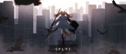 1girl absurdres angelina_(arknights) animal_ears antennae arknights bag bird black_bag black_socks brown_hair building chromatic_aberration city cityscape coat commentary day de4d_fish earpiece english_commentary english_text facing_away floating_clothes floating_hair flock fox_ears fox_girl fox_tail full_body high_up highres holding holding_staff kneehighs long_hair long_sleeves messenger_bag outdoors red_shoes scenery shoes shoulder_bag skyscraper socks solo staff standing tail title white_coat wide_shot
