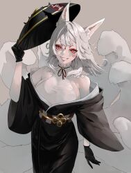 1girl absurdres animal_ears azisugito black_gloves black_kimono breasts commentary english_commentary eyeliner facial_mark forehead_mark fox_ears fox_girl fox_tail gloves grin halterneck hat highres holding holding_unworn_clothes holding_unworn_hat japanese_clothes kimono large_breasts makeup multiple_tails nijisanji nijisanji_en nina_kosaka obi off_shoulder red_eyeliner red_eyes sash short_eyebrows smile solo tail unworn_hat unworn_headwear virtual_youtuber whisker_markings white_hair wide_sleeves