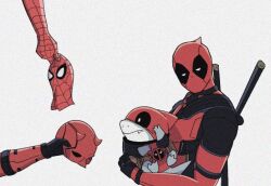 3boys animal belt black_bodysuit black_choker black_gloves bodysuit brown_belt choker cosplay daredevil daredevil_(netflix) deadpool deadpool_(cosplay) deadpool_(series) fake_horns fang fins fish_tail gloves half-closed_eyes helmet holding holding_animal holding_helmet holding_mask horned_helmet horns jeff_(marvel) katana looking_at_another looking_at_viewer marvel marvel_cinematic_universe marvel_rivals mask multiple_boys pocket red_bodysuit red_mask shark shark_tail simple_background spider-man spider-man_(series) spider_web_print superhero_costume sword tail two-tone_bodysuit upper_body weapon weapon_on_back white_background wristband yamuoez