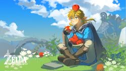 1boy apple black_cape blonde_hair blue_eyes blue_sky blue_tunic boots brown_boots brown_gloves brown_pants cape champion&#039;s_tunic_(zelda) cloud cloudy_sky copyright_name day earrings eating fingerless_gloves fold-over_boots food food_on_head fruit fruit_on_head gloves guardian_(zelda) hashtag-only_commentary highres holding holding_food holding_fruit indian_style jewelry link male_focus nintendo object_on_head on_grass pants pointy_ears sidelocks sitting sky solo the_legend_of_zelda the_legend_of_zelda:_breath_of_the_wild tunic yuemianning