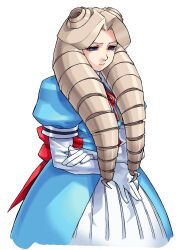 Rule 34 | 1girl, absurdres, aqua dress, back bow, blonde hair, blue eyes, bow, cropped legs, dress, drill hair, edaki shin&#039;ya, elbow gloves, game cg, gloves, hand on own arm, highres, justice gakuen, kirishima yurika, light frown, moero! justice gakuen, non-web source, official art, puffy short sleeves, puffy sleeves, short sleeves, simple background, solo, standing, twin drills, white background, white gloves