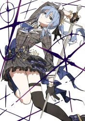 1girl arched_back arm_up ascot asymmetrical_legwear belt beret black_gloves black_thighhighs blue_ascot blue_belt blue_bow blue_eyes blue_hair blue_nails bow bracelet breasts buttons choker closed_mouth commentary_request crown double-breasted feet_out_of_frame gloves grey_hat grey_jacket grey_skirt hair_between_eyes hat highres holding holding_sword holding_weapon hololive hoshimachi_suisei hoshimachi_suisei_(1st_costume) jacket jewelry leg_up long_hair long_sleeves looking_at_viewer medium_breasts mini_crown outstretched_arm partially_fingerless_gloves plaid_clothes plaid_hat plaid_jacket plaid_skirt side_ponytail skirt solo star_(symbol) star_bracelet star_in_eye sword symbol_in_eye tauyoshi728 thigh_strap thighhighs uneven_legwear virtual_youtuber waist_bow weapon white_background