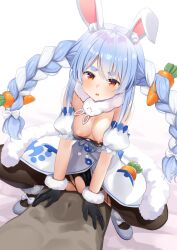 1boy 1girl animal_ear_fluff animal_ears arou_(arrow_x666) black_gloves blue_hair blush braid breasts breasts_out carrot carrot_hair_ornament carrot_in_pocket clothed_female_nude_male clothes_pull coat_dress commentary cowgirl_position don-chan_(usada_pekora) dress food-themed_hair_ornament fur-trimmed_gloves fur_scarf fur_trim girl_on_top gloves hair_ornament hetero highres hololive long_hair multicolored_hair nipples nude open_mouth pantyhose rabbit-shaped_pupils rabbit_ears rabbit_girl red_eyes sex short_eyebrows solo_focus spread_legs squatting_cowgirl_position straddling symbol-shaped_pupils thick_eyebrows torn_clothes torn_pantyhose twin_braids two-tone_hair usada_pekora usada_pekora_(1st_costume) virtual_youtuber white_hair