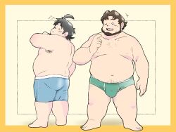 Rule 34 | +++, 2boys, ahoge, bad id, bad twitter id, bara, barefoot, beard, belly, professor birch, black hair, blue male underwear, border, boxer briefs, briefs, brown hair, closed eyes, commentary request, facial hair, fat, fat man, flying sweatdrops, green male underwear, highres, laughing, looking at another, male focus, male underwear, multiple boys, professor neroli, nintendo, odmk (jinnta4014), one eye closed, open mouth, pokemon, pokemon rse, pokemon sleep, smile, topless male, underwear, yellow background, yellow border
