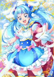 1girl bare_shoulders blue_eyes blue_hair blue_skirt bow bow_skirt breasts cure_sky detached_sleeves earrings fingerless_gloves frilled_skirt frills gloves hair_ornament halterneck hanzou high-waist_skirt highres hirogaru_sky!_precure jewelry long_hair looking_at_viewer magical_girl multicolored_hair open_mouth pink_bow pink_hair precure puffy_detached_sleeves puffy_short_sleeves puffy_sleeves reaching reaching_towards_viewer short_sleeves skirt solo sora_harewataru streaked_hair teeth thighhighs upper_teeth_only white_gloves white_thighhighs
