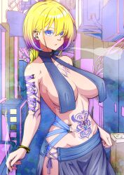 arm_tattoo armpit_crease barbell_piercing bare_hips bare_shoulders blonde_hair blue_eyes breast_curtains breasts chest_tattoo cigarette collarbone corset_piercing cross curvy ear_piercing expressionless face_piercing gradient_eyes gradient_hair groin highres industrial_piercing jason_jmca large_breasts latin_cross multicolored_eyes multicolored_hair multiple_piercings navel_piercing nose_piercing original parted_lips piercing purple_eyes purple_hair rib_tattoo smoke stomach_tattoo tattoo