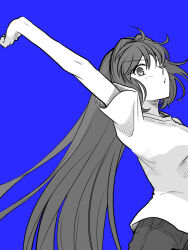 1girl aozaki_aoko blue_background blush breasts denim jeans long_hair looking_at_viewer melty_blood melty_blood:_type_lumina metarogu monochrome one_eye_closed pants shirt stretching t-shirt tsukihime tsukihime_(remake) upper_body very_long_hair