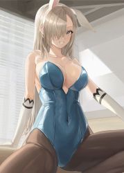 1girl animal_ears asuna_(blue_archive) asuna_(bunny)_(blue_archive) bare_shoulders black_pantyhose window_blinds blue_archive blue_eyes blue_leotard breasts commentary covered_navel day elbow_gloves eyelashes fake_animal_ears gloves grin hair_over_one_eye highres indoors large_breasts leotard long_hair looking_at_viewer official_alternate_costume pantyhose playboy_bunny pray_(furei) rabbit_ears smile solo strapless strapless_leotard sunlight white_gloves