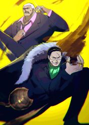 2boys ascot black_hair black_necktie buzz_cut collared_shirt commentary_request crocodile_(one_piece) daz_bones formal_clothes fyrthik green_ascot hair_slicked_back highres hook_hand jewelry looking_at_viewer looking_to_the_side male_focus multiple_boys necktie one_piece pink_shirt ring sand scar scar_on_face shirt short_hair smile suit very_short_hair yellow_background