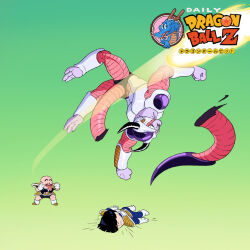 Rule 34 | 3boys, bald, bald male, black eyes, black hair, blood, chibi, clothing cutout, dragon ball, frieza, horns, humiliation, kienzan, kuririn, multiple boys, muscular, muscular male, namek, namekian, saiyan, son gohan, tail, tail cut-out, tail through clothes, tongue, tongue out