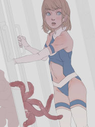 1girl absurdres artist_request blonde_hair blue_eyes blush bodysuit elbow_gloves flat_chest gloves highres kwess leotard loli monster peril series:fantastic_four slime tagme tentacles thighhighs valeria_richards