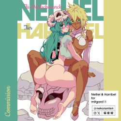 2girls absurdres arrancar artist_name back_tattoo barefoot bleach blonde_hair blush breasts character_name colored_eyelashes commission crossed_bangs dark-skinned_female dark_skin english_text espada facial_mark female_focus green_eyes green_hair hair_between_eyes highres instagram_username large_breasts long_hair looking_at_viewer mask mask_on_head medium_hair multiple_girls nekoranten nelliel_tu_odelschwanck number_tattoo rock shoes sidelocks skull_on_head tattoo thong tier_harribel twitter_username white_shoes