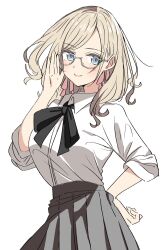 Rule 34 | 1girl, adjusting eyewear, bien (djpwjd1), blue eyes, blush, breasts, ceras yanagida lilienfeld, glasses, grey hair, hair ribbon, hand on eyewear, hand on own hip, highres, large breasts, link! like! love live!, lips, long hair, looking to the side, love live!, ribbon, school uniform, smile, solo, white background