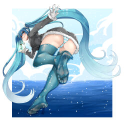 1girl aqua_eyes aqua_hair aqua_panties ass blush boots breasts coat eiji_(eiji) from_behind full_body fur-trimmed_coat fur_trim gloves hair_between_eyes hatsune_miku highres large_breasts long_hair looking_at_viewer looking_back ocean open_mouth panties see-through_clothes see-through_footwear smile snow soles solo striped_clothes striped_panties thigh_boots toes twintails underwear very_long_hair vocaloid walking walking_on_liquid white_gloves