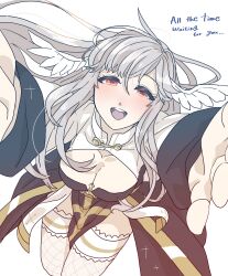 1girl arch_bishop_(ragnarok_online) blush breasts cleavage cleavage_cutout clothing_cutout commentary_request cowboy_shot cross datenshi_no_fu dress feathered_wings fishnet_thighhighs fishnets frilled_thighhighs frills grey_hair head_wings highres large_breasts long_hair looking_at_viewer open_mouth ragnarok_masters ragnarok_online reaching reaching_towards_viewer red_eyes simple_background smile solo thighhighs two-tone_dress white_background white_dress white_thighhighs white_wings wings