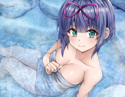 Rule 34 | 1girl, bathing, blue hair, breasts, cleavage, closed mouth, commentary request, from above, green eyes, hair ribbon, hand up, highres, izumi hina (neet kunoichi), koyuki (kotatsu358), large breasts, looking at viewer, naked towel, neet de otaku na kunoichi to naze ka dousei hajimemashita, onsen, partially submerged, purple ribbon, ribbon, smile, solo, towel, water