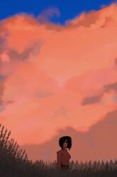 1girl black_hair blue_sky breasts clinickcase cloud commentary grass highres large_breasts looking_at_viewer medium_hair original partially_shaded_face shirt sky solo tall_grass tree upper_body white_shirt
