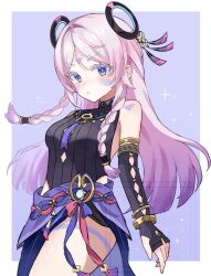 Rule 34 | 1girl, arm markings, bare shoulders, black leotard, blue eyes, border, braid, citlali (genshin impact), commentary request, cowboy shot, facial mark, floating headgear, forehead mark, genshin impact, headgear, highres, leotard, long hair, looking at viewer, ollg8x, outside border, pink hair, pink pupils, purple background, ring hair ornament, sidelocks, simple background, sleeveless, solo, thigh marking, triangle, triangle facial mark, twin braids, vision (genshin impact), watermark, white border