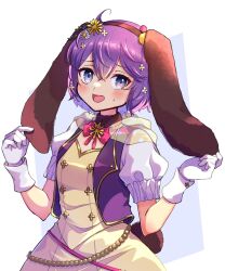 1girl animal_ears beads bernadetta_von_varley bernadetta_von_varley_(spring) dress fire_emblem fire_emblem:_three_houses fire_emblem_heroes gloves gogatsu_(yeaholiday) hairband highres messy_hair nervous_smile nintendo purple_eyes purple_hair rabbit_ears rabbit_tail ribbon smile solo tail white_gloves yellow_dress