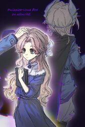 2girls black_background black_cape blue_dress blue_jacket book cape dress facing_away french_text grey_hair hair_ornament hand_on_another&#039;s_head hand_up headpat holding holding_book jacket long_hair looking_at_another military_uniform mishiro_(sarolttf) multiple_girls pants reverse:1999 sentinel_(reverse:1999) time_paradox white_pants