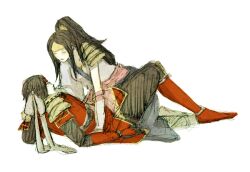 armor black_hair blush closed_eyes girl_on_top hakama headband inahime japanese_clothes kimono lying on_back parted_bangs ponytail sanada_yukimura_(sengoku_musou) sengoku_musou smile straddling tiara wide-eyed