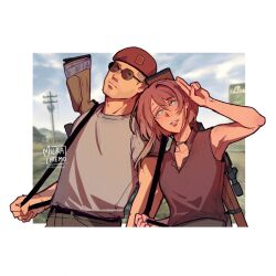 1boy 1girl arm_up bare_arms bare_shoulders beret billboard blue_sky brown_pants brown_shirt cloud commentary courier_(fallout:_new_vegas) craig_boone day fallout fallout:_new_vegas game_screenshot_background grey_shirt gun hat milramemo noelle_(milramemo) pants red_hat rifle scope screenshot_background shirt short_sleeves sky sleeveless sleeveless_shirt sniper_rifle sunglasses symbol-only_commentary utility_pole v weapon
