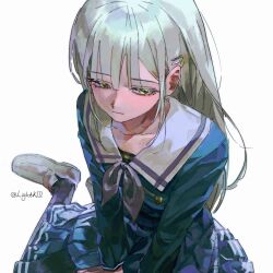 1girl bang_dream! bang_dream!_it&#039;s_mygo!!!!! blue_serafuku blue_socks blunt_bangs closed_mouth collarbone expressionless green_hair grey_shoes hair_ornament hairpin half-closed_eyes hashtag-only_commentary highres kinayone loafers long_hair long_sleeves looking_to_the_side medium_skirt neckerchief pleated_skirt purple_neckerchief sailor_collar school_uniform serafuku shoes sidelocks simple_background sitting skirt socks solo three_quarter_view tsukinomori_school_uniform twitter_username v_arms wakaba_mutsumi white_background winter_uniform yellow_eyes