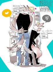 2boys absurdres arm_behind_back black_tank_top black_vest blonde_hair blush body_fur brothers brown_fur claws commentary english_commentary full_body furry furry_male glasses height_difference highres isaac_(freezingsammy) looking_at_another male_focus multiple_boys original sammy_(freezingsammy) shirt short_hair siblings sink slippers standing tail tail_wagging tank_top theodore_(freezingsammy) vest white_shirt wolf_boy