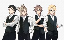 Rule 34 | 4boys, belt, black belt, black pants, black vest, blonde hair, blue eyes, brown eyes, ciel (world flipper), cigarette, closed mouth, collared shirt, cowboy shot, crossed arms, finn (world flipper), gloves, grey background, hair between eyes, highres, long hair, male focus, matching outfits, multiple boys, mwm5, pants, razelt (world flipper), shirt, smoking, sparse stubble, vest, white gloves, white shirt, world flipper, zekhel (world flipper)