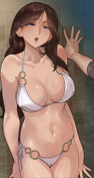 1boy 1girl :o absurdres bikini blush breasts brown_hair cameltoe chinese_commentary collarbone commentary_request highres indoors kabedon large_breasts long_hair looking_at_viewer mature_female navel o-ring o-ring_bikini original pov pov_hands purple_eyes sato-san_(yewang19) side-tie_bikini_bottom stomach straight_hair stretch_marks sweatdrop swimsuit thigh_gap tile_wall tiles very_long_hair white_bikini yewang19
