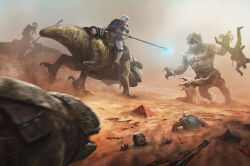 5boys dewback edouard_groult electrostaff extra_arms holding holding_polearm holding_weapon monster multiple_boys open_mouth outdoors polearm sand sharp_teeth star_wars stormtrooper tatooine teeth weapon