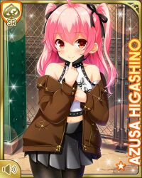 1girl black_skirt brown_jacket card_(medium) character_name city female_focus girlfriend_(kari) higashino_azusa jacket looking_at_viewer midriff night official_art open_mouth outdoors pantyhose pantyhose_under_skirt pink_eyes pink_hair qp:flapper shirt skirt smile solo standing tagme twintails white_shirt