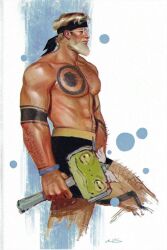 animification avengers_(series) beard blonde_hair closed_mouth facial_hair highres holding male_focus marvel marvel_rivals oluyemiart short_hair simple_background smile standing swimsuit thor_(marvel)