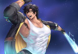 1boy armpit_hair armpits bara baseball_bat brown_hair caelus_(honkai:_star_rail) caelus_(honkai:_star_rail)_(cosplay) cosplay highres indie_virtual_youtuber kite_hasegawa male_focus meatyexplosions muscular trailblazer_(honkai:_star_rail) yellow_eyes