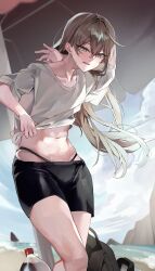 1boy absurdres arm_behind_head backpack bag beach brown_hair fang highres legs long_hair navel open_mouth original parasol shirt soda soda_bottle sweat swimsuit umbrella undressing zurui_ninjin