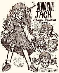 &gt;_&lt; 1girl ^_^ braid character_name closed_eyes collared_shirt crazy_eyes danganronpa:_trigger_happy_havoc danganronpa_(series) dated doodle_inset english_text eyelashes fukawa_toko full_body genocider_shou glasses greyscale hatching_(texture) highres holding holding_scissors holding_weapon josh-s26 long_hair long_sleeves long_tongue mole mole_under_mouth monochrome multiple_views neckerchief open_mouth round_eyewear sailor_collar school_uniform scissors serafuku sharp_teeth shirt shoes signature simple_background skirt skirt_tug smile socks speech_bubble spoilers standing teeth tongue tongue_out twin_braids twintails upper_teeth_only weapon white_background
