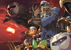 armor axe_knight_(kirby) blue_coat blush_stickers captain_vul coat halberd_(airship) hat heavy_lobster holding holding_smoking_pipe horned_hat javelin_knight kirby_(series) kirby_super_star mace_knight masa_(bowser) meta_knight nintendo pauldrons red_sky sailor_hat sailor_waddle_dee shoulder_armor sky smoking_pipe sunset sword_knight trident_knight yellow_eyes