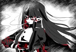 1girl absurdres black_coat black_gloves black_hair blood blood_on_clothes cigarette coat contempt_awe_(e.g.o) dong_8_ang e.g.o_(project_moon) gloves grey_background highres limbus_company long_hair looking_at_viewer partially_colored project_moon red_eyes ryoshu_(project_moon) shirt simple_background smoking solo standing sunglasses upper_body very_long_hair white_shirt