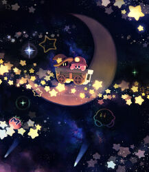 :o artist_name blue_eyes blush blush_stickers brown_headwear comet commentary_request crescent_moon eyes_in_shadow hat headlamp helmet highres kirby kirby_(series) kirby_super_star maxim_tomato minecart moon nebula nintendo no_humans open_mouth red_headwear simirror space star_(sky) star_(symbol) suyasuyabi twitter_username witch_hat yellow_eyes