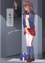 2boys anonymous_crossdresser bag bar_censor blazer blue_bag blue_jacket blue_socks blush bow brown_footwear brown_hair cardigan censored closed_eyes clothed_masturbation collared_shirt commission crossdressing cum ejaculation erection exhibitionism hair_between_eyes heart hokuro_ryuuseigun jacket kneehighs loafers male_masturbation masturbation medium_hair motion_lines multiple_boys open_mouth original panties panty_pull penis pixiv_commission plaid_clothes plaid_skirt pleated_skirt precum precum_string projectile_cum public_indecency red_bow red_skirt school_bag school_uniform shirt shoes skirt socks standing steaming_body sweat testicles translated trap underwear white_panties white_shirt yellow_cardigan