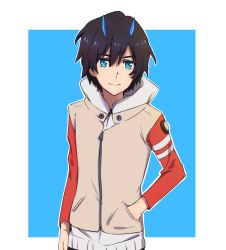 10s 1boy beige_jacket black_hair blue_eyes blue_horns commentary cosplay darling_in_the_franxx english_text eureka_seven eureka_seven_(series) hand_in_pocket highres hiro_(darling_in_the_franxx) hood hooded_jacket horns jacket k_016002 looking_at_viewer male_focus oni_horns renton_thurston renton_thurston_(cosplay) short_hair solo spoilers