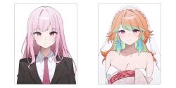 2girls alternate_costume bare_shoulders black_jacket black_suit bouquet bow bowtie breasts cleavage closed_mouth collared_shirt colored_inner_hair commentary dress earrings english_commentary feather_earrings feathers flower formal_clothes gradient_hair green_feathers green_hair hair_flaps highres holding holding_bouquet hololive hololive_english jacket jewelry large_breasts long_hair looking_at_viewer miyuchiq mori_calliope multicolored_hair multiple_girls orange_hair pink_bow pink_bowtie pink_eyes pink_hair red_flower see-through_clothes see-through_veil shirt sidelocks simple_background sleeveless sleeveless_dress smile straight-on straight_hair strapless strapless_dress suit swept_bangs takanashi_kiara veil virtual_youtuber wedding_dress white_background white_shirt white_veil