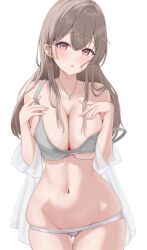 Rule 34 | 1girl, absurdres, bare shoulders, bra, breasts, brown hair, chestnut mouth, commentary request, cowboy shot, double-parted bangs, gluteal fold, grey bra, grey panties, groin, hair behind ear, hands on own chest, highres, jewelry, large breasts, light blush, long hair, looking at viewer, micro panties, mole, mole on breast, mole under mouth, navel, necklace, off shoulder, open clothes, open shirt, original, panties, pink eyes, pink nails, see-through clothes, see-through shirt, shirt, simple background, skindentation, solo, stomach, strap slip, thigh gap, underwear, uni ikura, wet, white background