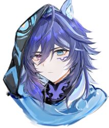 1boy animal_ear_fluff animal_ears blue_eyes blue_hair closed_eyes commentary cropped_shoulders expressionless facial_mark genshin_impact hair_between_eyes hashtag-only_commentary heterochromia highres hood hood_up janedoe_1229 male_focus medium_hair ororon_(genshin_impact) pink_eyes solo