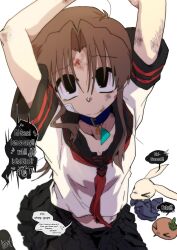 1girl absurdres animal arms_up bandaid bandaid_on_cheek bandaid_on_face black_eyes black_sailor_collar black_skirt blood blood_on_face blue_collar blurry blurry_foreground brown_hair bruise collar ed-chan_(edkuroki) edkuroki english_text gauze gauze_on_cheek hair_intakes highres injury long_hair looking_at_viewer messy_hair neckerchief original rabbit red_neckerchief sailor_collar school_uniform serafuku signature simple_background skirt smile solo wavy_hair white_background white_serafuku