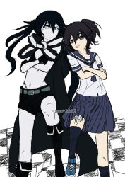 Rule 34 | 2girls, belt, black hair, black rock shooter, black rock shooter (character), black shorts, blue eyes, blue sailor collar, blue skirt, boots, hana keijou, kuroi mato, multiple girls, pale skin, pleated skirt, sailor collar, scar, school uniform, serafuku, short twintails, shorts, skirt, twintails, uneven twintails