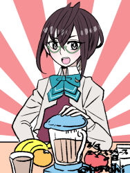 1girl apple black_hair blazer blender_(object) cup dated drinking_glass food fruit glasses green_eyes grey_jacket jacket kantai_collection kuroihi_(kuroihitsuji) milk_carton okinami_(kancolle) okinami_kai_ni_(kancolle) one-hour_drawing_challenge orange_(fruit) short_hair solo sunburst sunburst_background twitter_username upper_body
