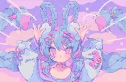 1girl arms_up bandaid bandaid_on_cheek bandaid_on_face blue_hair blush bow bright_pupils choker cloud commentary cross-shaped_pupils dated_commentary eyes_visible_through_hair hair_bow hair_ears hair_ornament hairclip heart heart_hair_ornament highres long_hair long_sleeves looking_at_viewer open_mouth original outdoors ozureiji pink_bow pink_eyes pink_ribbon pom_pom_(clothes) pom_pom_hair_ornament portrait puffy_long_sleeves puffy_sleeves purple_background purple_bow purple_choker purple_ribbon purple_sailor_collar quad_braids ribbon safety_pin sailor_collar sailor_shirt shirt sky solo symbol-only_commentary symbol-shaped_pupils tsurime very_long_hair white_pupils white_shirt yellow_bow yume_kawaii