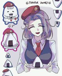 Rule 34 | beret, black vest, brain, closed eyes, eyelashes, food, grey background, grey hair, hat, heart, highres, holding, holding plate, humanization, long sleeves, necktie, nigou (hundred line), onigiri, open mouth, parted hair, plate, red necktie, shirt, simple background, solo, solo focus, tadokorori (tdkrr), the hundred line -last defense academy-, upper body, vest, white background, white shirt