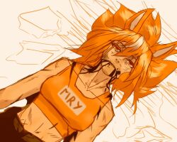 1girl animal_ears blood blood_on_face colored_skin highres horse_ears horse_girl horse_race_tests ipol jovial_merryment jujutsu_kaisen looking_up lying on_back orange_hair orange_shirt orange_skin orange_sports_bra scratches shirt solo sports_bra